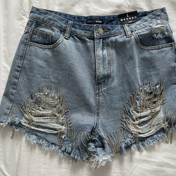 Fashion Nova Pants - Rhinestone Denim Short- Light Blue Wash- L